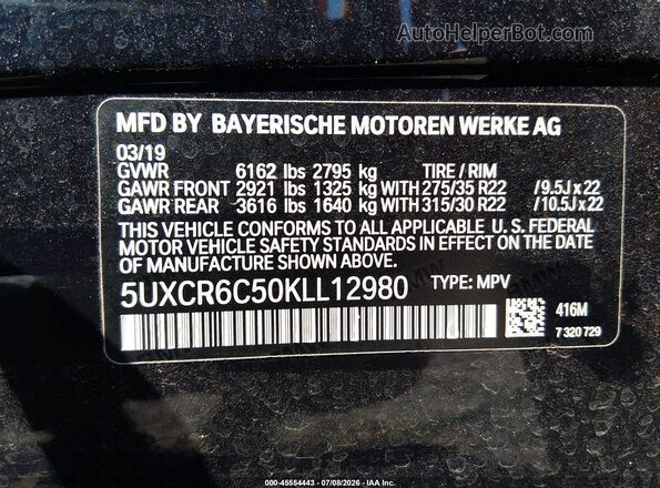 5UXCR6C50KLL12980 2019 BMW X5 Dark Blue Вид підкапотного простору