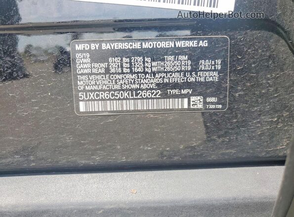 5UXCR6C50KLL26622 2019 BMW X5 Black Vista interior de 360 grados