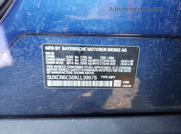 5UXCR6C50KLL39676 2019 BMW X5 Blue VIN կոդի պիտակի տեսք