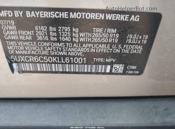 5UXCR6C50KLL61001 2019 BMW X5 Gold Вид підкапотного простору