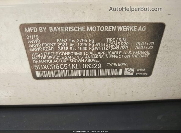 5UXCR6C51KLL06329 2019 BMW X5 White ძრავის განყოფილების ხედი