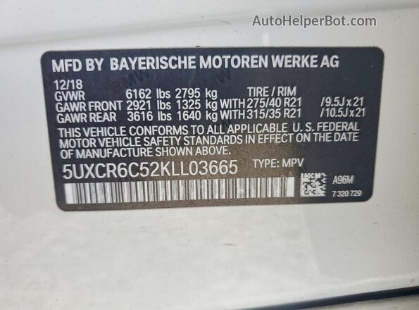 5UXCR6C52KLL03665 2019 BMW X5 White Vista de la etiqueta del VIN
