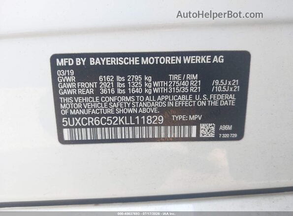 5UXCR6C52KLL11829 2019 BMW X5 White Vista del compartimento del motor