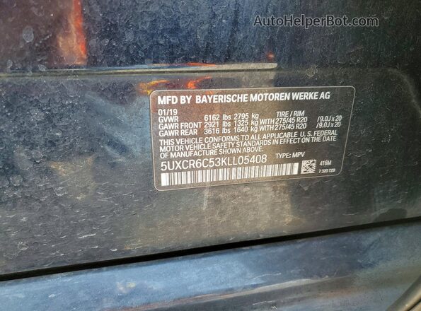 5UXCR6C53KLL05408 2019 BMW X5 Black Вид наклейки з VIN-кодом