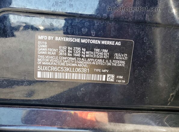 5UXCR6C53KLL06381 2019 BMW X5 Черный Вид наклейки с VIN-кодом