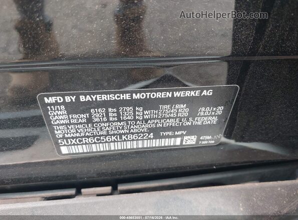 5UXCR6C56KLK86224 2019 BMW X5 Black Vista del compartimento del motor