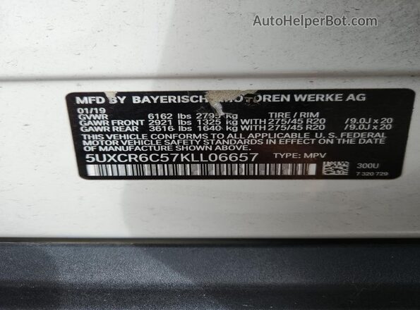 5UXCR6C57KLL06657 2019 BMW X5 White VIN sticker view