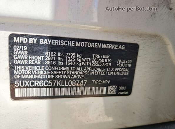 5UXCR6C57KLL08747 2019 BMW X5 Белый Панорамный вид салона 360°