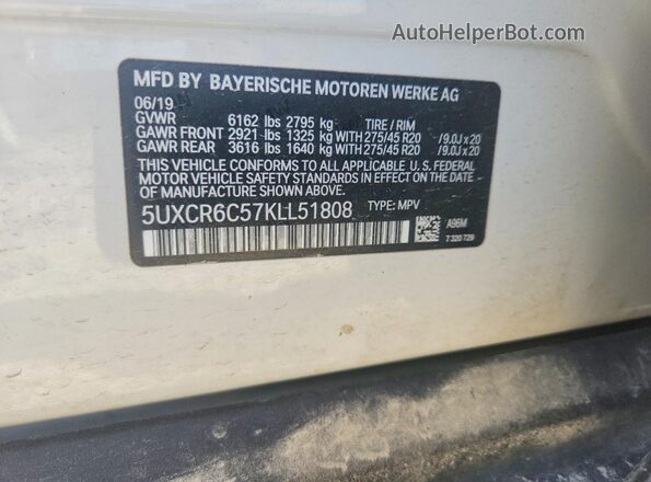 5UXCR6C57KLL51808 2019 BMW X5 White Շարժիչի բաժամունքի տեսք