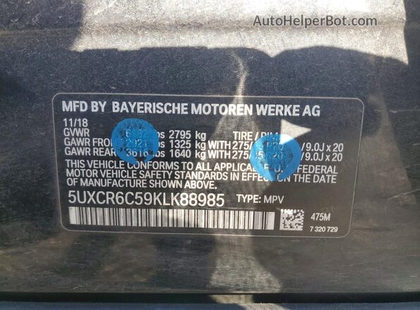 5UXCR6C59KLK88985 2019 BMW X5 Black Widok naklejki z numerem VIN