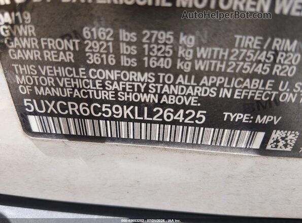 5UXCR6C59KLL26425 2019 BMW X5 White Շարժիչի բաժամունքի տեսք
