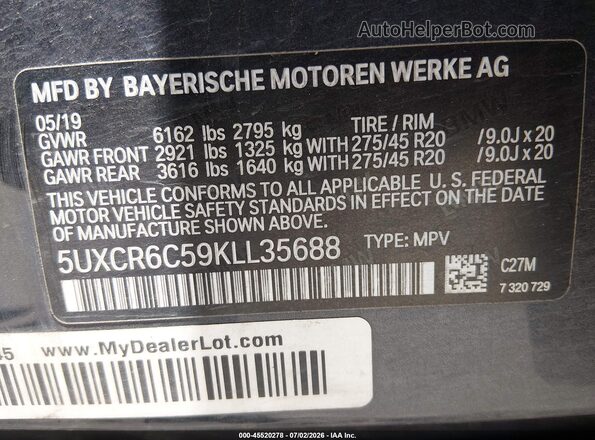 5UXCR6C59KLL35688 2019 BMW X5 Gray Շարժիչի բաժամունքի տեսք