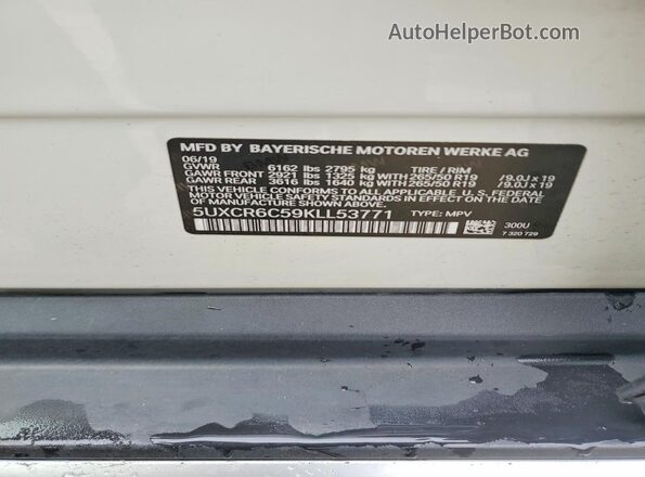 5UXCR6C59KLL53771 2019 BMW X5 White Vista del compartimento del motor