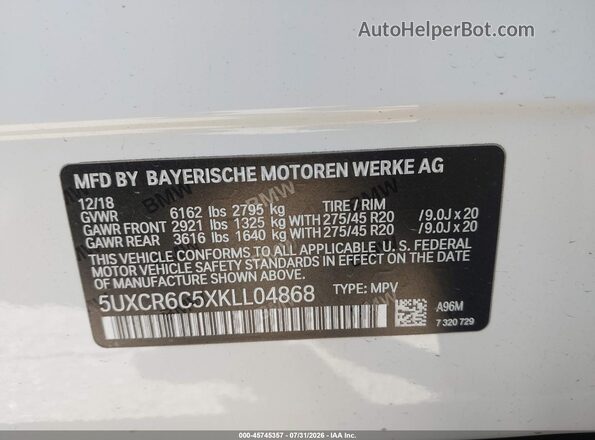 5UXCR6C5XKLL04868 2019 BMW X5 White Вид підкапотного простору