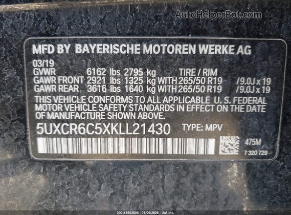 5UXCR6C5XKLL21430 2019 BMW X5 Black Vista del compartimento del motor