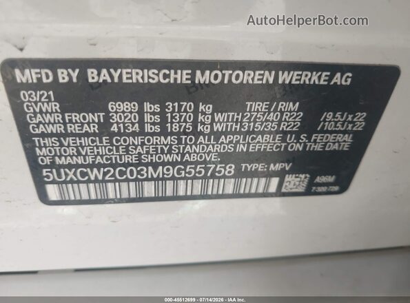 5UXCW2C03M9G55758 2021 BMW X7 White Вид підкапотного простору