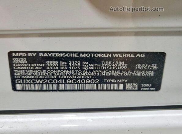 5UXCW2C04L9C40902 2020 BMW X7 Белый Вид наклейки с VIN-кодом