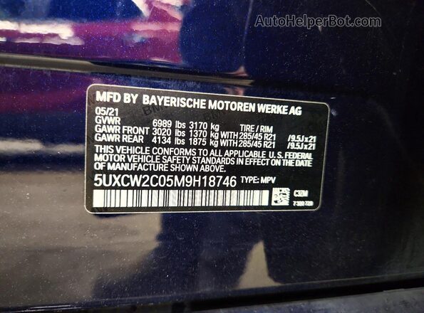 5UXCW2C05M9H18746 2021 BMW X7 Blue Vista de la etiqueta del VIN