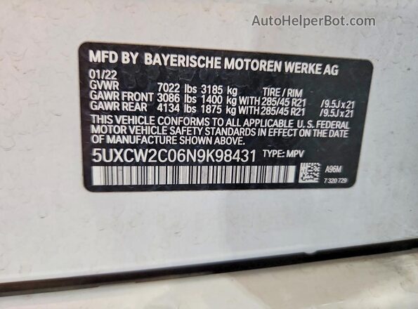 5UXCW2C06N9K98431 2022 BMW X7 Белый Панорамный вид салона 360°