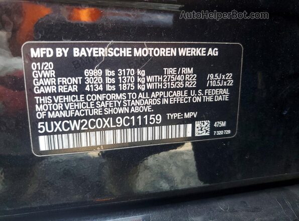 5UXCW2C0XL9C11159 2020 BMW X7 Black Widok naklejki z numerem VIN