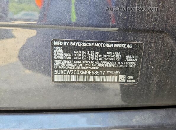 5UXCW2C0XM9E68517 2021 BMW X7 Gray Vista de la etiqueta del VIN
