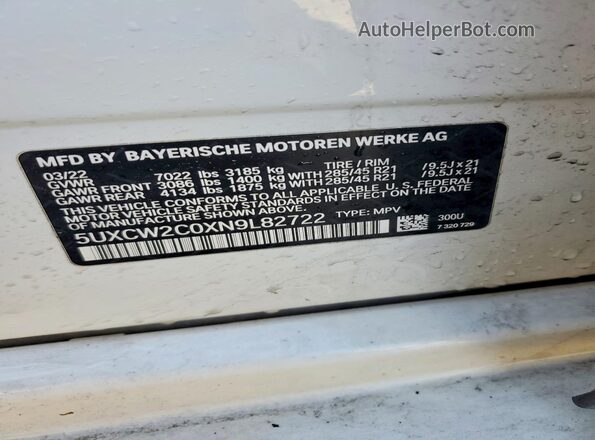 5UXCW2C0XN9L82722 2022 BMW X7 White VIN կոդի պիտակի տեսք