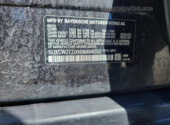 5UXCW2C0XN9M94050 2022 BMW X7 Серый Вид наклейки с VIN-кодом