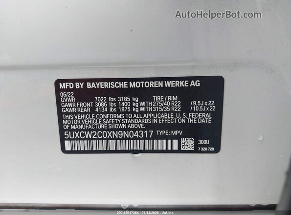 5UXCW2C0XN9N04317 2022 BMW X7 White ძრავის განყოფილების ხედი