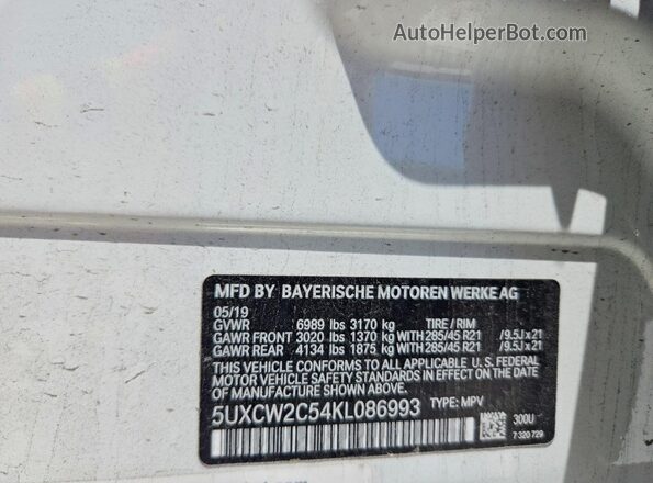 5UXCW2C54KL086993 2019 BMW X7 White Vista interior de 360 grados