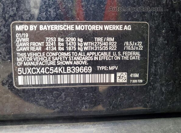 5UXCX4C54KLB39669 2019 BMW X7 Черный Вид наклейки с VIN-кодом