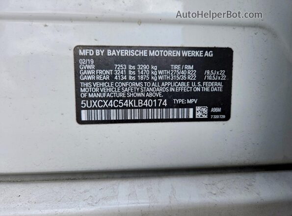 5UXCX4C54KLB40174 2019 BMW X7 White VIN կոդի պիտակի տեսք