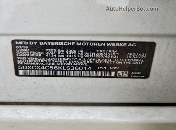 5UXCX4C56KLS36014 2019 BMW X7 Белый Вид наклейки с VIN-кодом