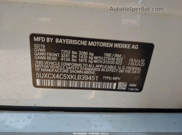 5UXCX4C5XKLB39451 2019 BMW X7 White Вид підкапотного простору