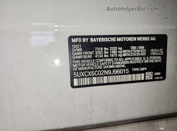 5UXCX6C02N9J96015 2022 BMW X7 White Vista interior de 360 grados