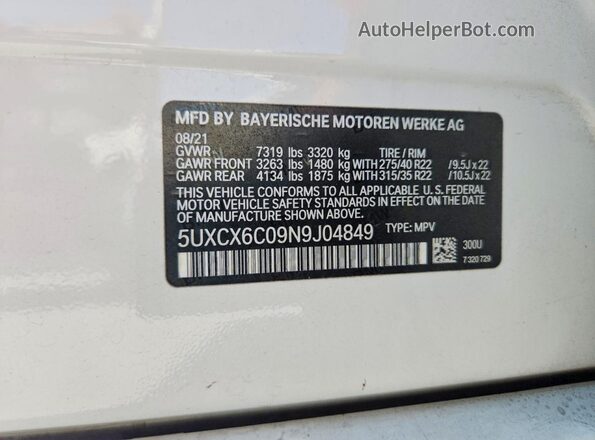 5UXCX6C09N9J04849 2022 BMW X7 White VIN sticker view