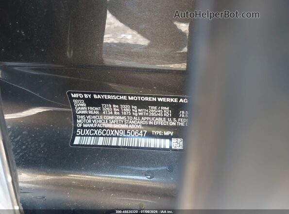 5UXCX6C0XN9L50647 2022 BMW X7 Gray Вид підкапотного простору