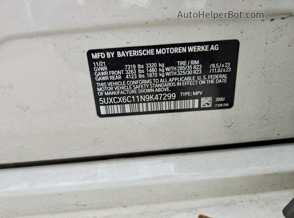 5UXCX6C11N9K47299 2022 BMW X7 White VIN sticker view