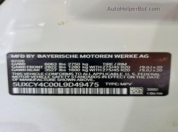 5UXCY4C00L9D49475 2020 BMW X6 White VIN კოდის სტიკერის ხედი