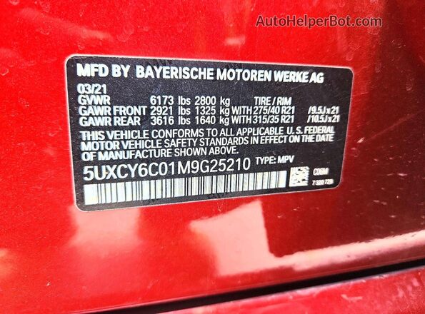 5UXCY6C01M9G25210 2021 BMW X6 Бордовый Вид наклейки с VIN-кодом