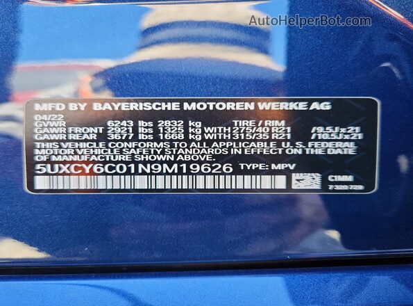 5UXCY6C01N9M19626 2022 BMW X6 Blue 360 interior view