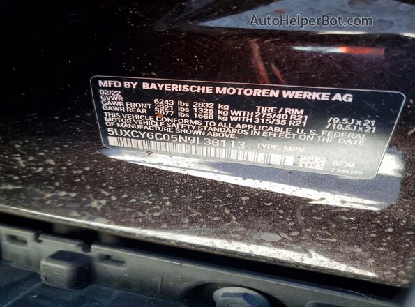 5UXCY6C05N9L38113 2022 BMW X6 Черный Вид наклейки с VIN-кодом