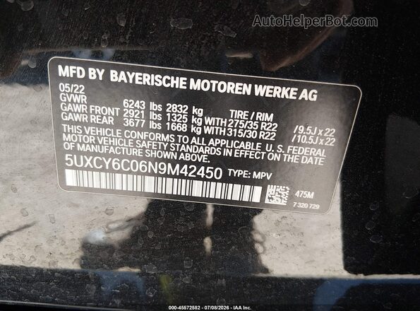 5UXCY6C06N9M42450 2022 BMW X6 Black Vista del compartimento del motor