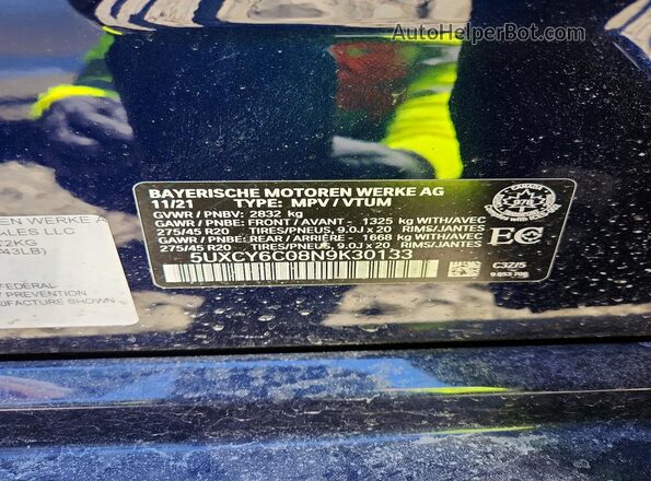 5UXCY6C08N9K30133 2022 BMW X6 Blue VIN sticker view