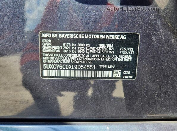 5UXCY6C0XL9D54551 2020 BMW X6 Charcoal Widok naklejki z numerem VIN