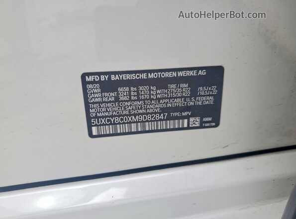 5UXCY8C0XM9D82847 2021 BMW X6 White Vista de la etiqueta del VIN