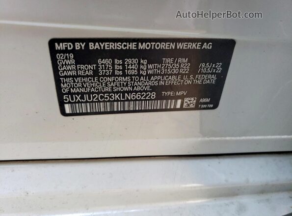 5UXJU2C53KLN66228 2019 BMW X5 White Widok wnętrza 360 stopni