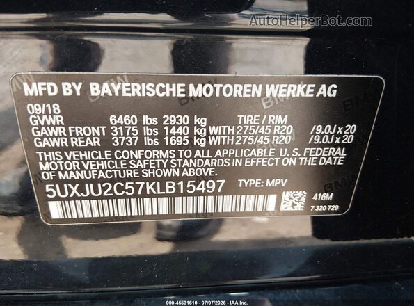 5UXJU2C57KLB15497 2019 BMW X5 Black Widok komory silnika