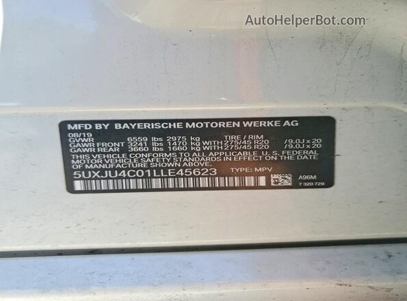5UXJU4C01LLE45623 2020 BMW X5 White Панорамний вид салону 360°