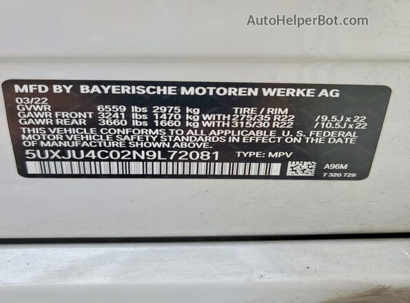 5UXJU4C02N9L72081 2022 BMW X5 White Widok naklejki z numerem VIN