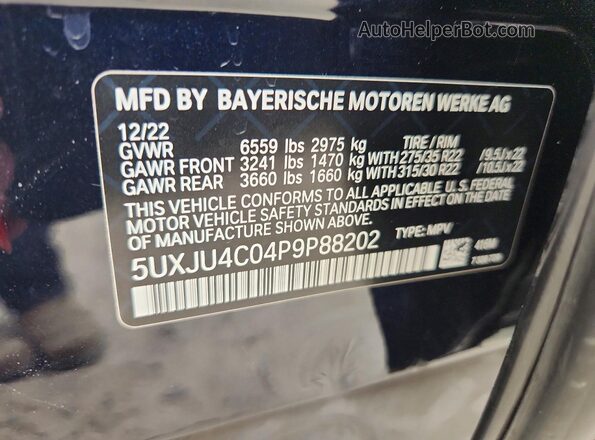 5UXJU4C04P9P88202 2023 BMW X5 Black VIN კოდის სტიკერის ხედი